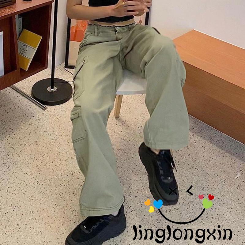 Quần jean dài lưng cao vừa ống rộng nhiều túi màu sắc thời trang cho nữ，quần jean nữ