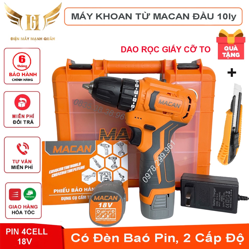 Máy Khoan Pin Vặn Vít, Máy Khoan Từ Macan Động Cơ Không Chổi Than, Đầu 10mm, Pin 4Cell