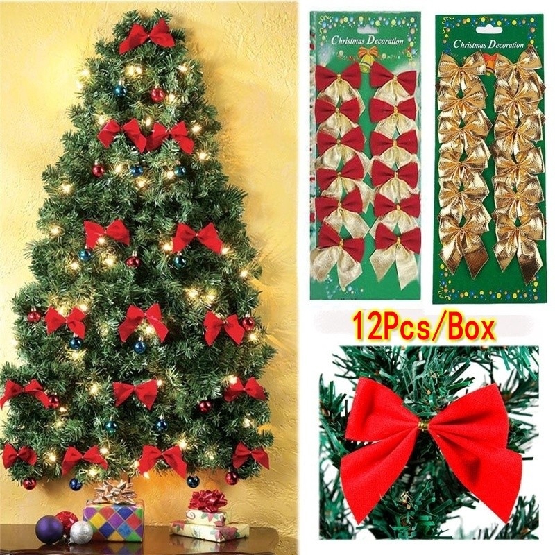 Set 12 Nơ Màu Vàng / Bạc Trang Trí Cây Thông Noel / Giáng Sinh