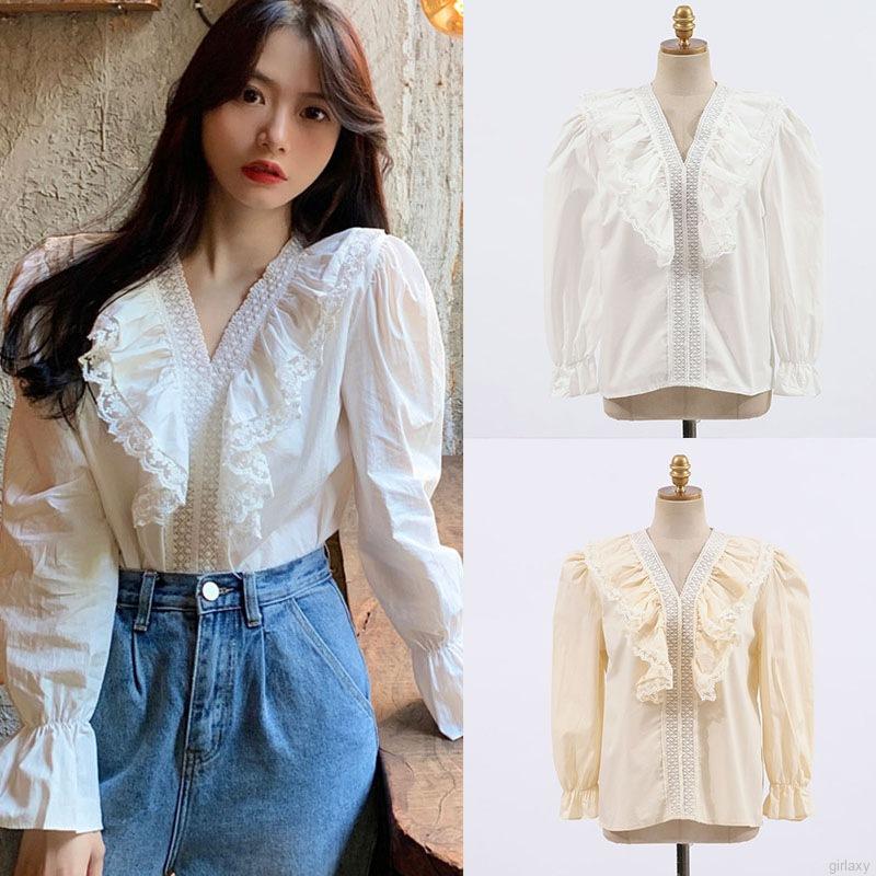 Áo Sơ Mi Tay Dài Phối Ren Xinh Xắn Thời Trang Dành Cho Nữ