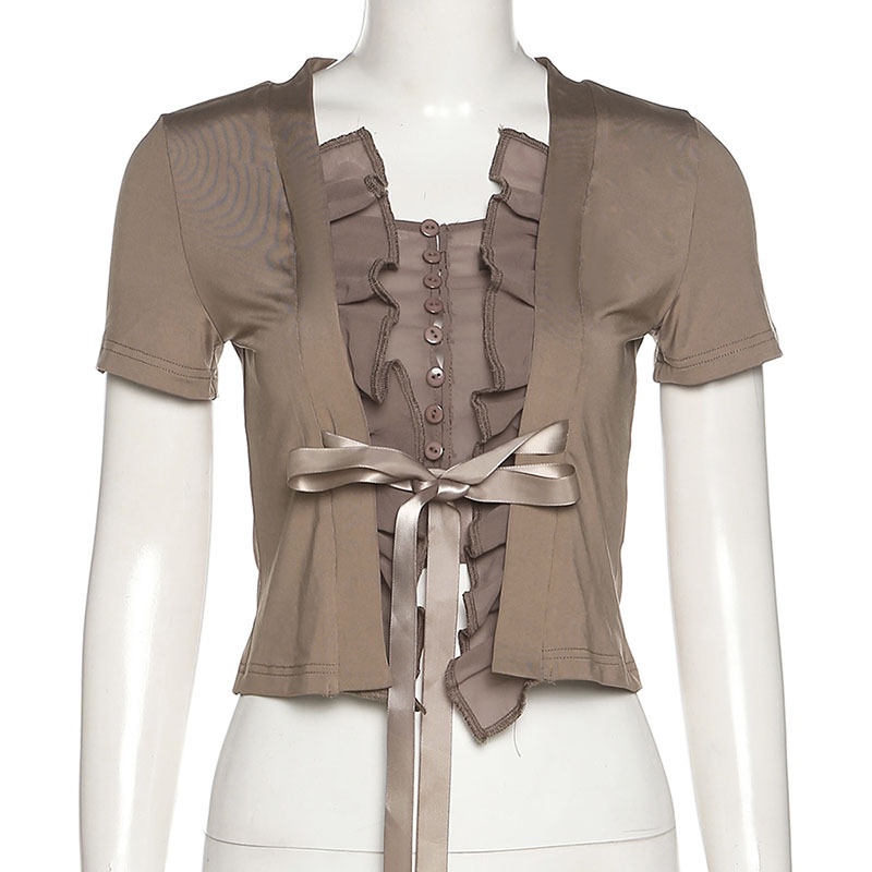 Áo Thun Tay Ngắn Đính Nút Ren Thời Trang Cho Nữ