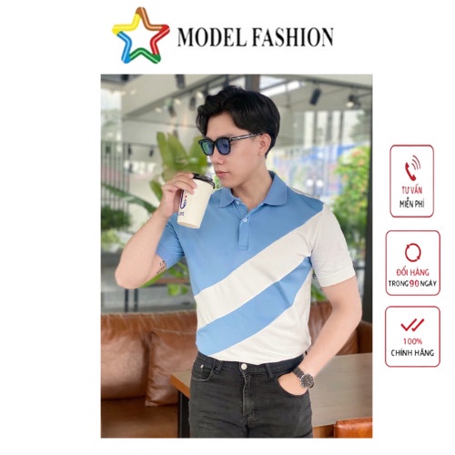 Áo thun polo nam cổ bẻ họa tiết sọc chéo chất liệu vải cá sấu Cotton mềm mịn Model Fashion
