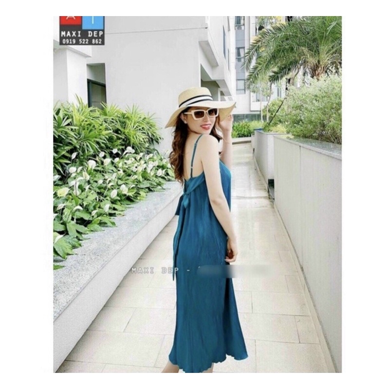 Đầm dập ly 2 dây cột nơ sau lưng dáng suông _hình thật.