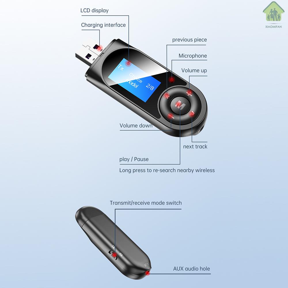 USB phát tín hiệu âm thanh Bluetooth 5.0 có màn hình LCD kèm cổng AUX 3.5mm và mic thu âm dùng cho TV và xe hơi