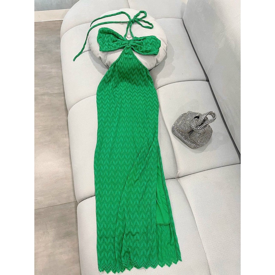 Đầm khoét eo thun gân dây buộc cổ sexy dáng midi dài xinh sang chảnh