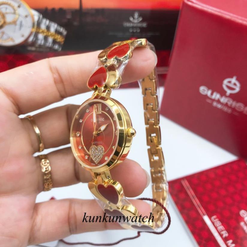 Đồng Hồ Nữ Sunrise 9010SA - Authentic - Kiểu Dáng Lắc Tay - Dây Vàng Mặt Đỏ