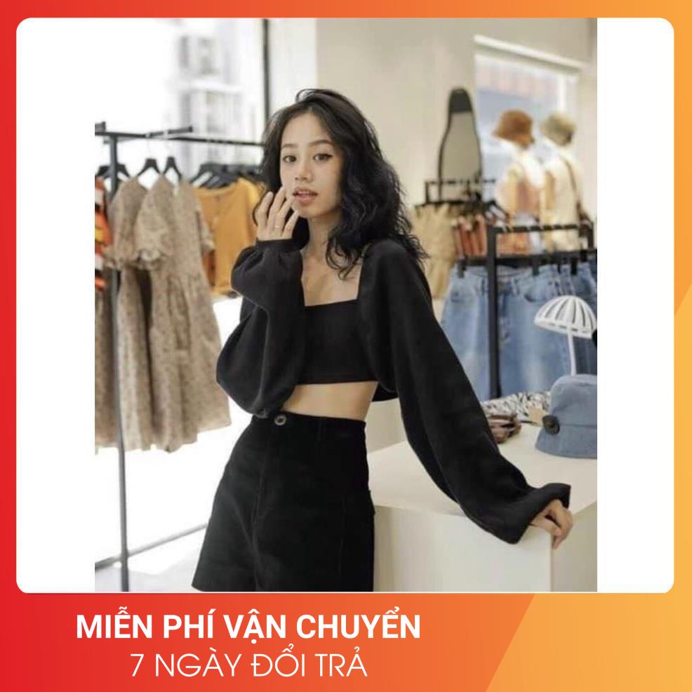 Set áo len tăm đen tay bồng 24 April nữ &lt;3 chất len tăm co giãn đẹp đỉnh