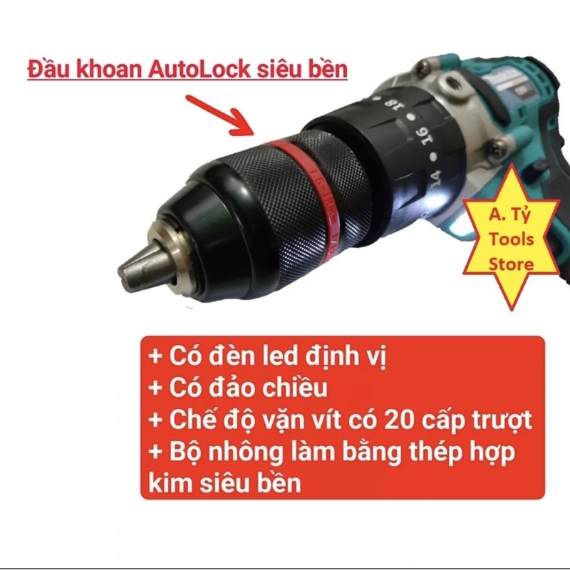 Máy Khoan Pin MAKITA Không Chổi Than 3 Chức Năng có Búa Đầu Khoan 13mm Autolock Viền Đỏ