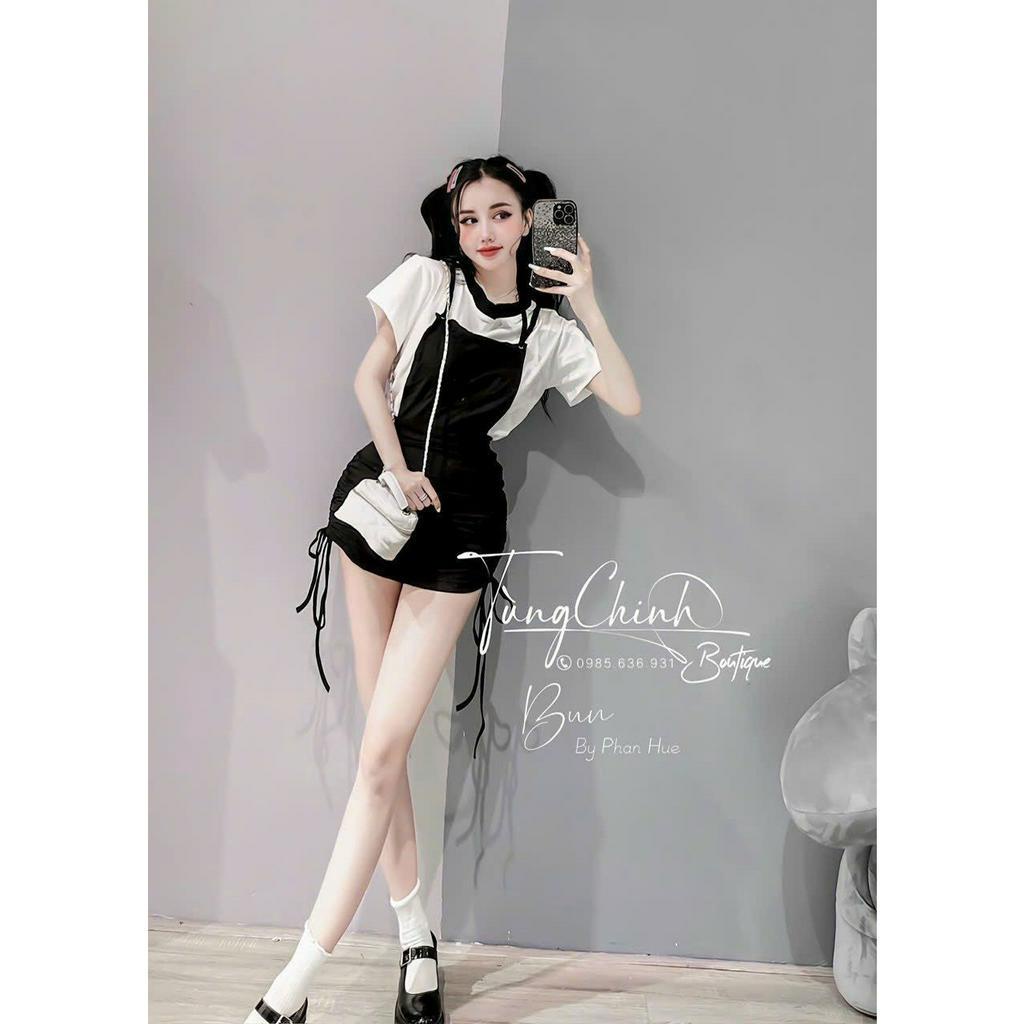 Set đồ nữ đi chơi dễ thương, set yếm ngắn sexy kèm áo thun cổ tròn xinh xắn phong cách hàn quốc cute