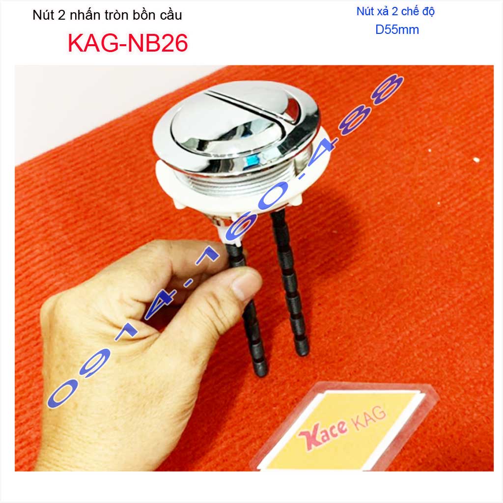 Nút nhấn cầu xả 2 nhấn tròn lỗ sứ D5.5-6cm, nút xả cầu Kace KAG-NB26, nút nhấn tròn lớn ấn êm màu inox bóng