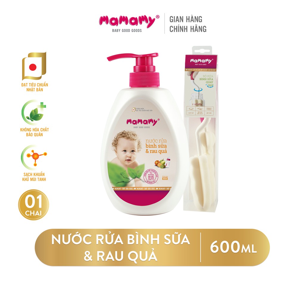 Nước rửa, cọ bình sữa và nước rửa rau củ Mamamy 600ml - Combo 1 chai + 1 bộ cọ bình sữa Mamamy 360 độ