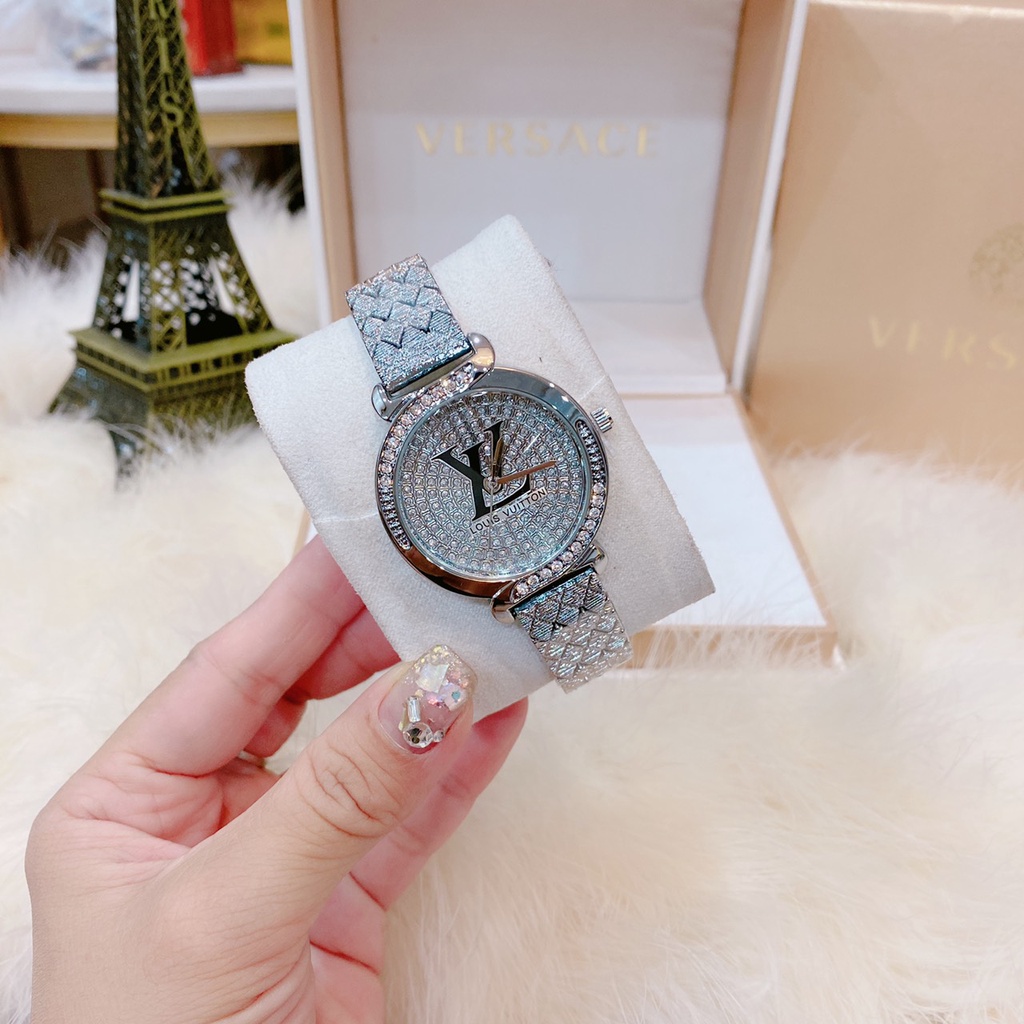 Đồng hồ nữ LV dây thép ko rỉ mặt tròn đính full đá thời thượng hợp trend giới trẻ, chống nước, bảo hành 12 tháng