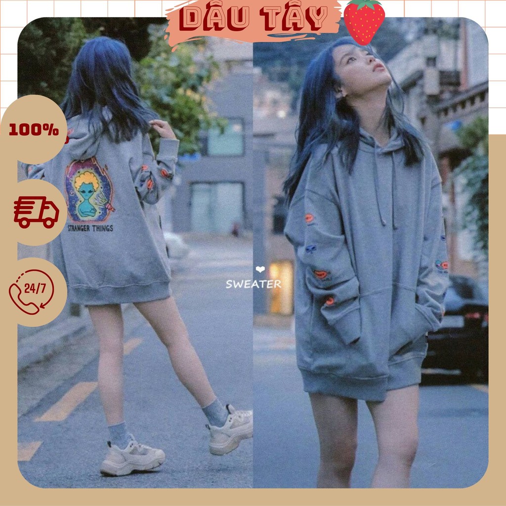 Áo hoodie xám họa tiết cartoon cheap moment IU