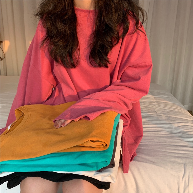 Áo Thun Tay Dài Cổ Tròn Dáng Rộng Xẻ Tà Cá Tính Cho Nữ