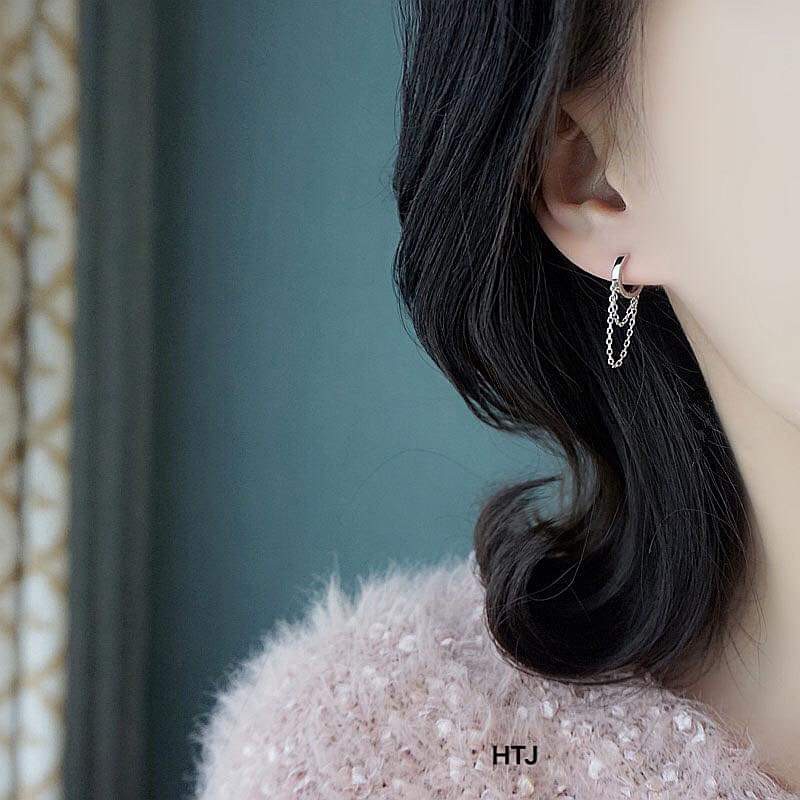 Khuyên tai móc xích bạc 925 xi vàng phong cách