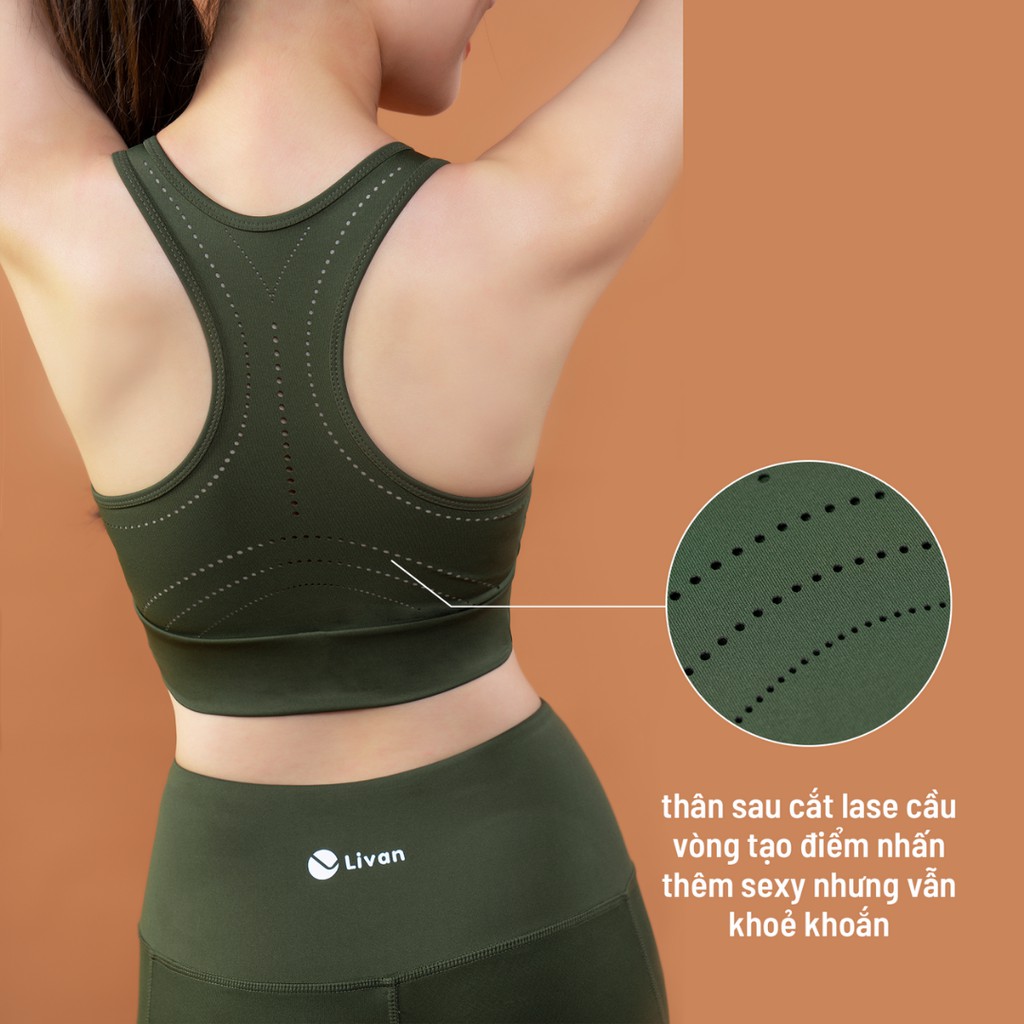 Set Đồ Tập Gym Yoga Áo Bra &amp; Quần Lửng Livan Sport Airy Cool Max Màu Xanh Rêu Thoáng Khí Tặng Kèm Mút Ngực Cao Cấp