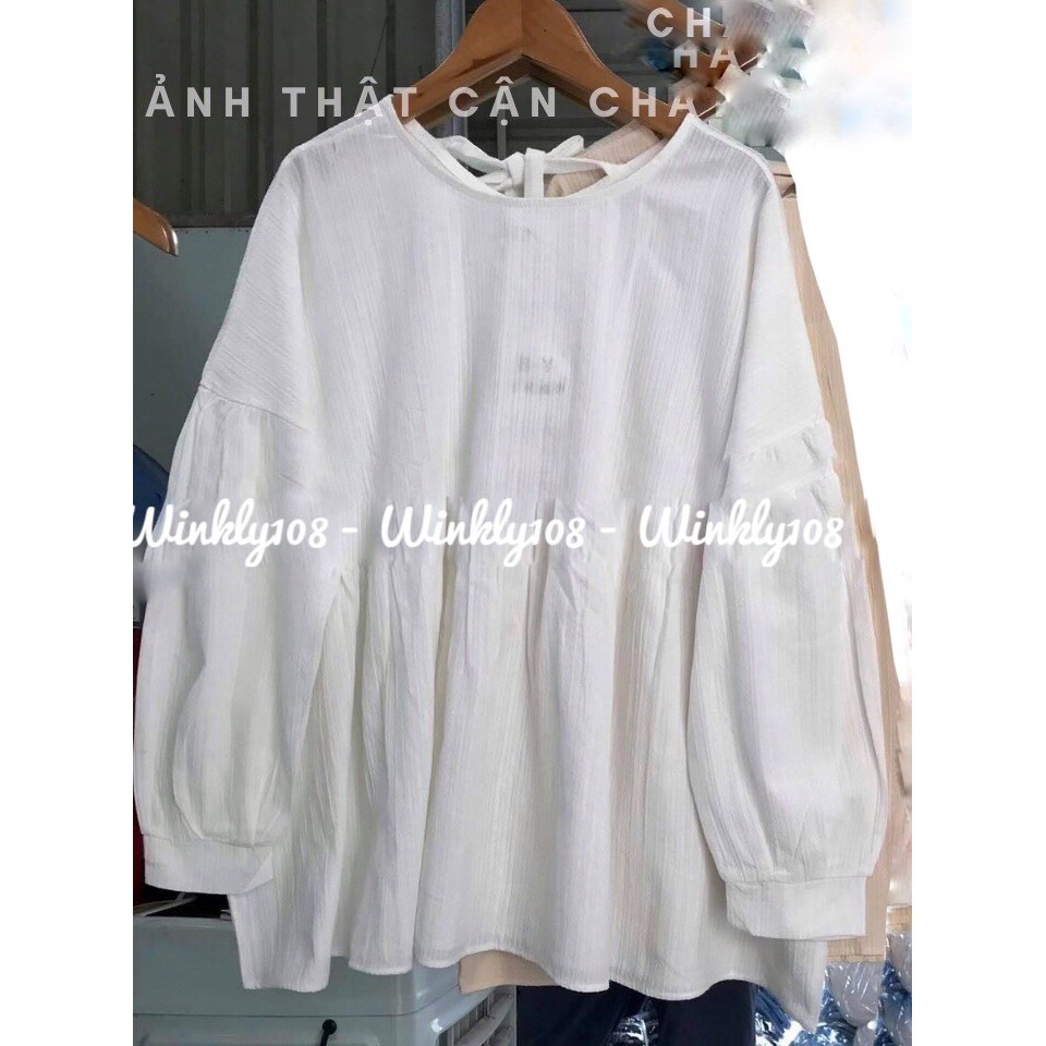 Áo sơ mi babydoll trắng thắt nơ sau cổ tròn dài tay ulzzang