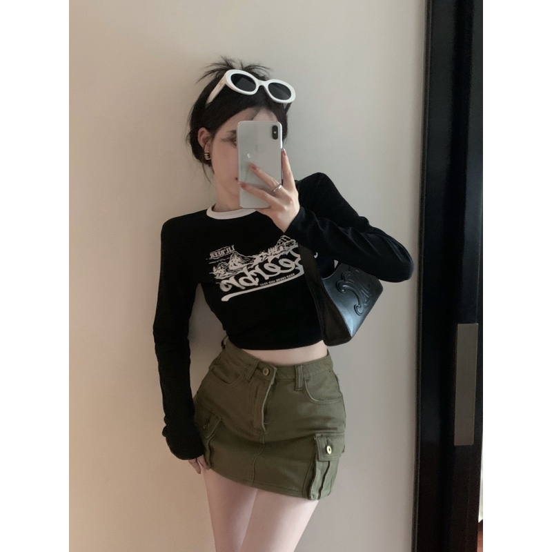 Áo Thun Tay Dài Dáng Ngắn Thời Trang vintage Mỹ Cá Tính Cho Nữ