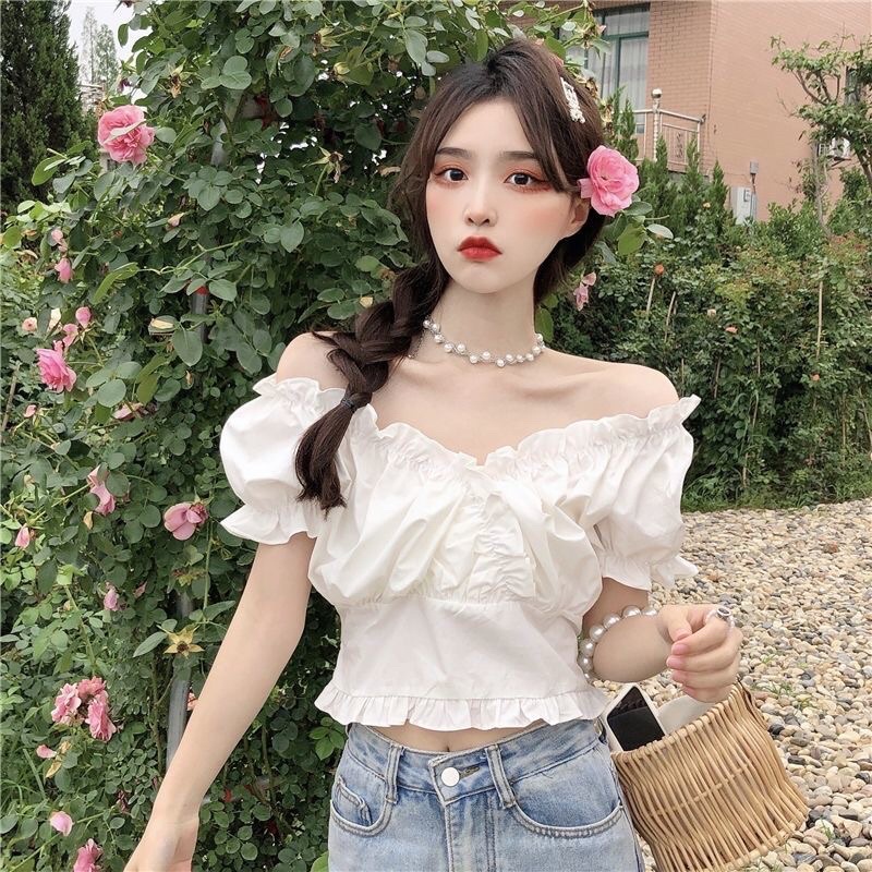 Áo Croptop nữ trễ vai tay ngắn bồng dáng ôm phong cách Hàn Quốc mã QD118
