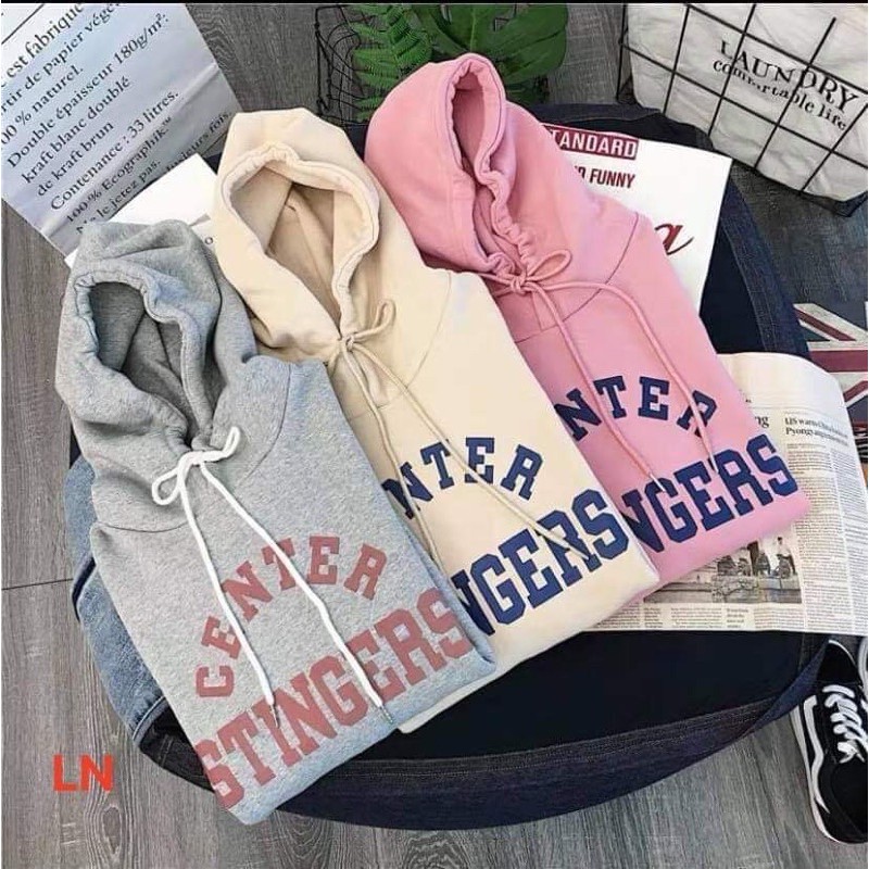 áo hoodie nỉ mũ túi bụng in chữ center stinger