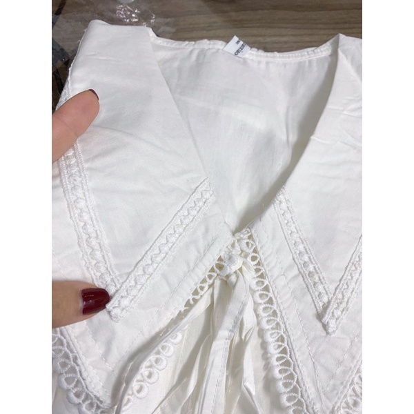 Áo sơ mi viền ren hạt gạo buộc dây trắng - Áo sơ mi cổ ren hạt phong cách Hàn Quốc