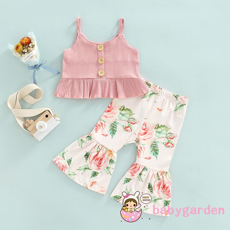 Set Đồ 2 Món Gồm Áo Không Tay Màu Trơn Dệt Kim In Họa Tiết Hoa + Quần Cho Bé Gái Từ 6 Tháng Tuổi