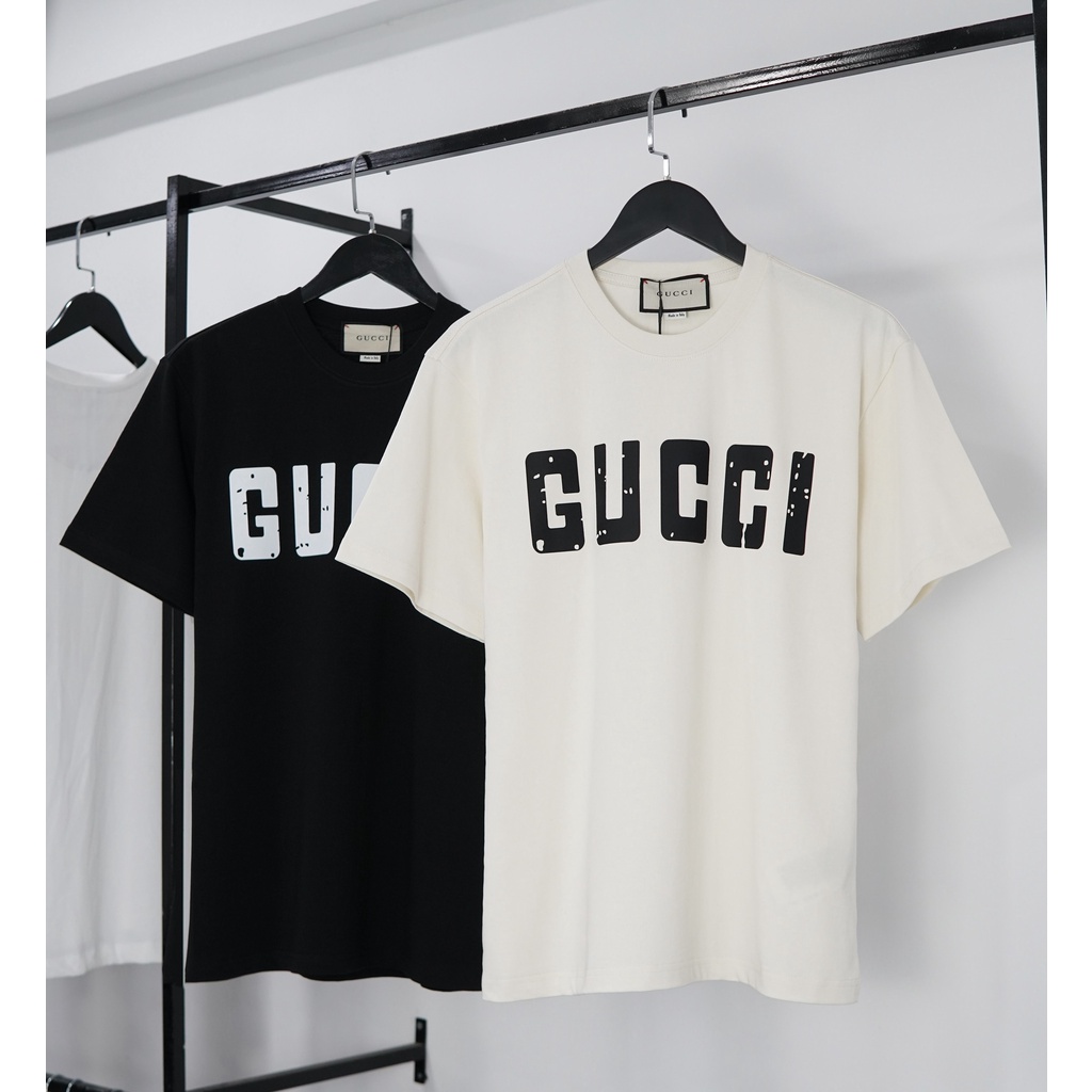 Áo Thun gucci rách chữ đen trắng nam nữ form unisex thoáng mát, Áo Phông Đôi đen trắng mẫu mới nhất