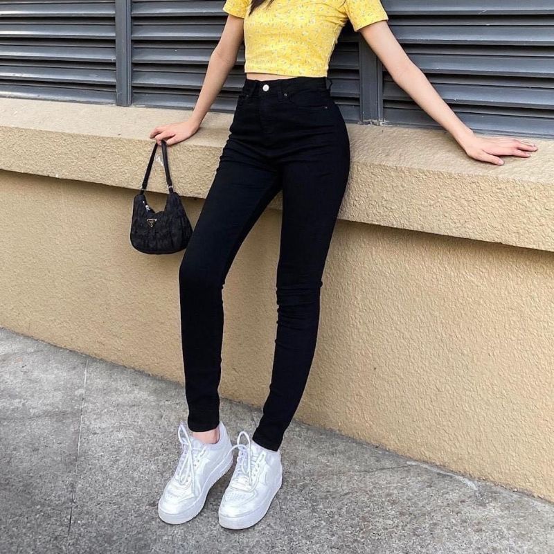 Quần Jean nữ màu đen TOMMY jean lụa co giãn