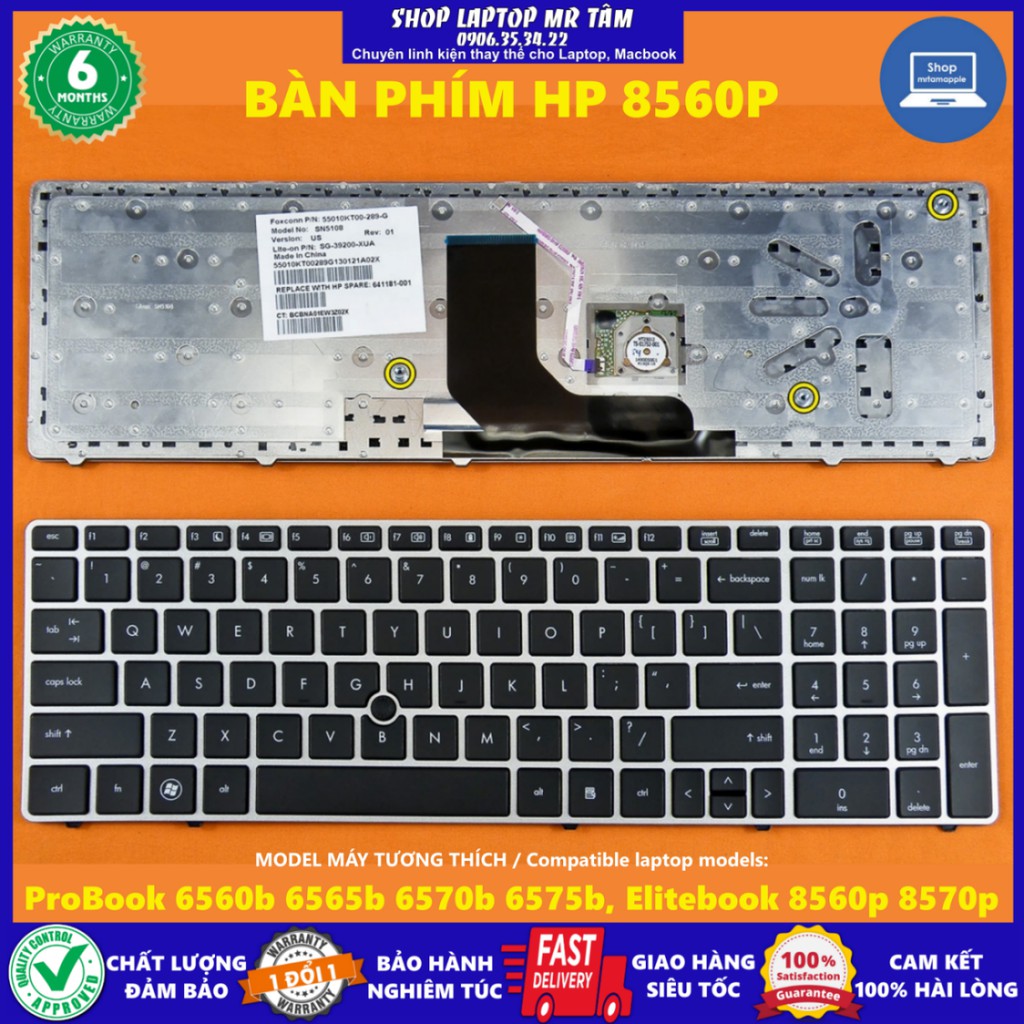 (KEYBOARD) BÀN PHÍM LAPTOP HP 8560P (CÓ CHUỘT) dùng cho ProBook 6560b 6565b 6570b 6575b, Elitebook 8560p 8570p