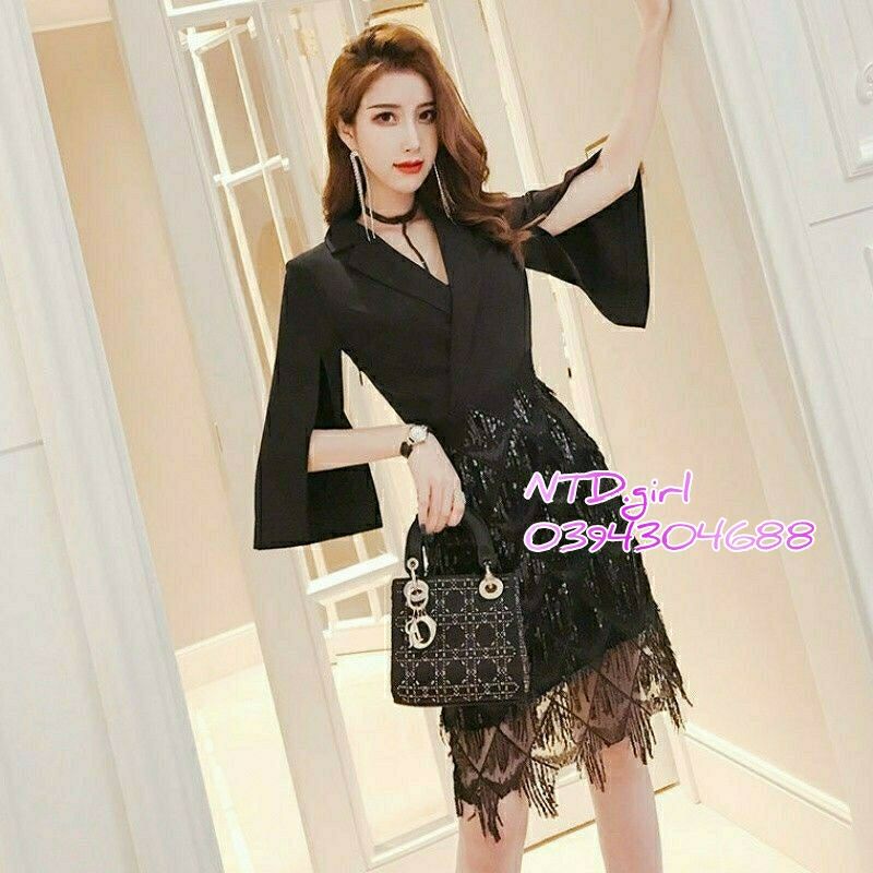 Hàng nhập - Đầm vest xòe tay xẻ cách điệu, váy công sở dự tiệc tua rua kim sa sành điệu