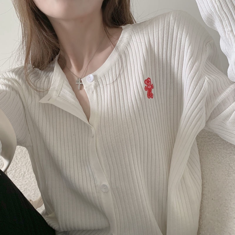 Áo khoác cardigan dệt kim mỏng tay dài thiết kế ngắn thêu hình chú gấu xinh xắn