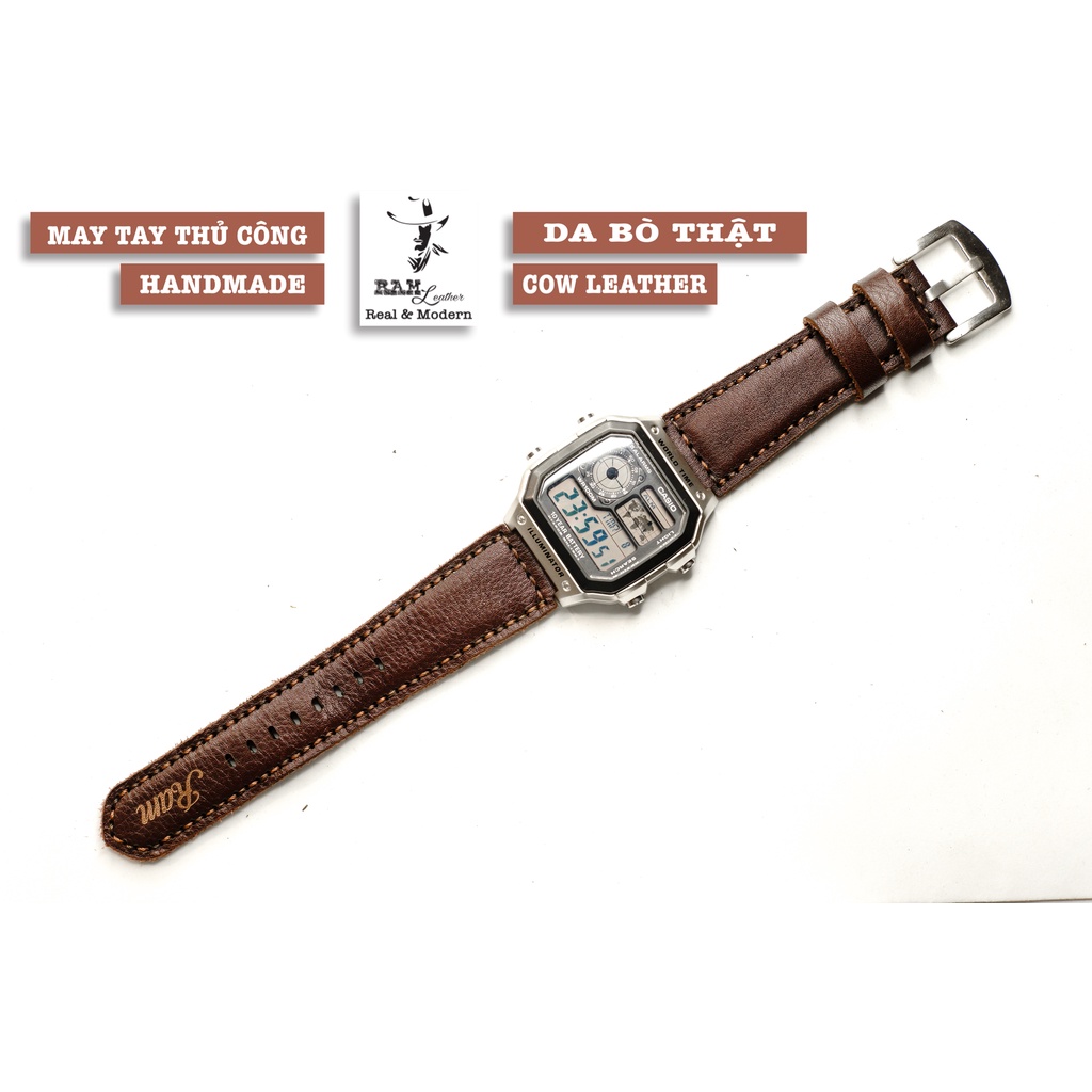 Dây đồng hồ RAM Leather 1981 cho CASIO 1200, AE 1200, 1300, 1100, A159 , A168 , Size 18 da bò thật nâu đỏ