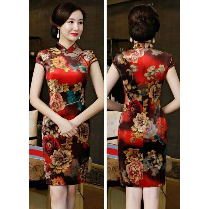 Đầm Sườn Xám Cổ Tàu dáng ngắn họa tiết hoa - hàng việt nam