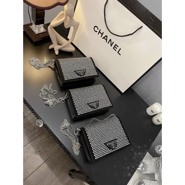 Túi P.R.A.D.A Mini Đính Đá, Túi Nữ Đeo Chéo Size 13cm