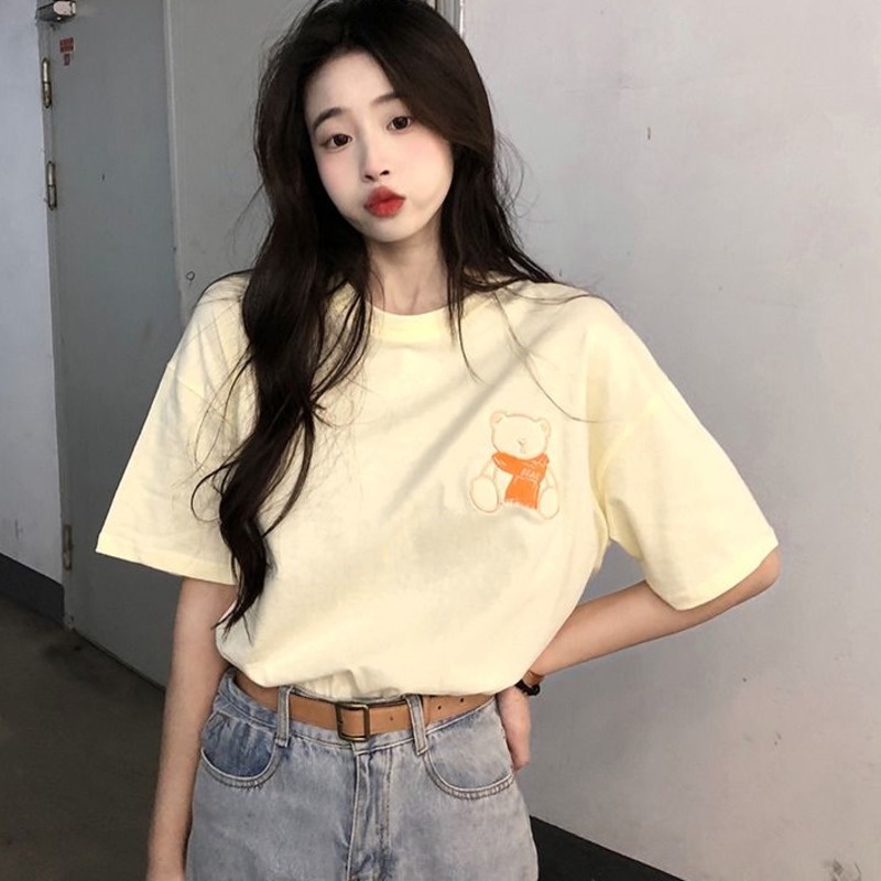 Áo Thun Ngắn Tay Dáng Rộng In Hình Gấu Thời Trang Hàn Quốc Cá Tính