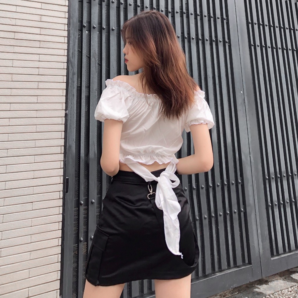 Áo Croptop Tay Ngắn Cổ Chữ V Màu Trơn Phối Dây Đan Chéo