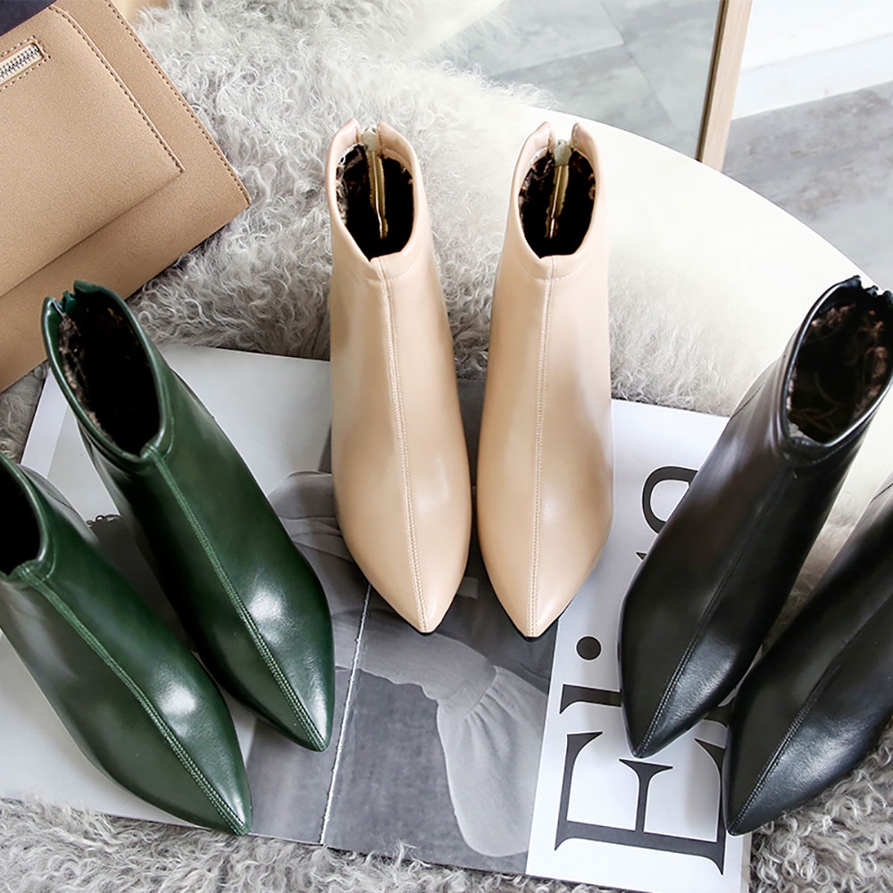 IELGY Giày Bốt Cao Gót 7cm Mũi Nhọn Màu Trơn Phối Khóa Kéo Cá Tính Cho Nữ