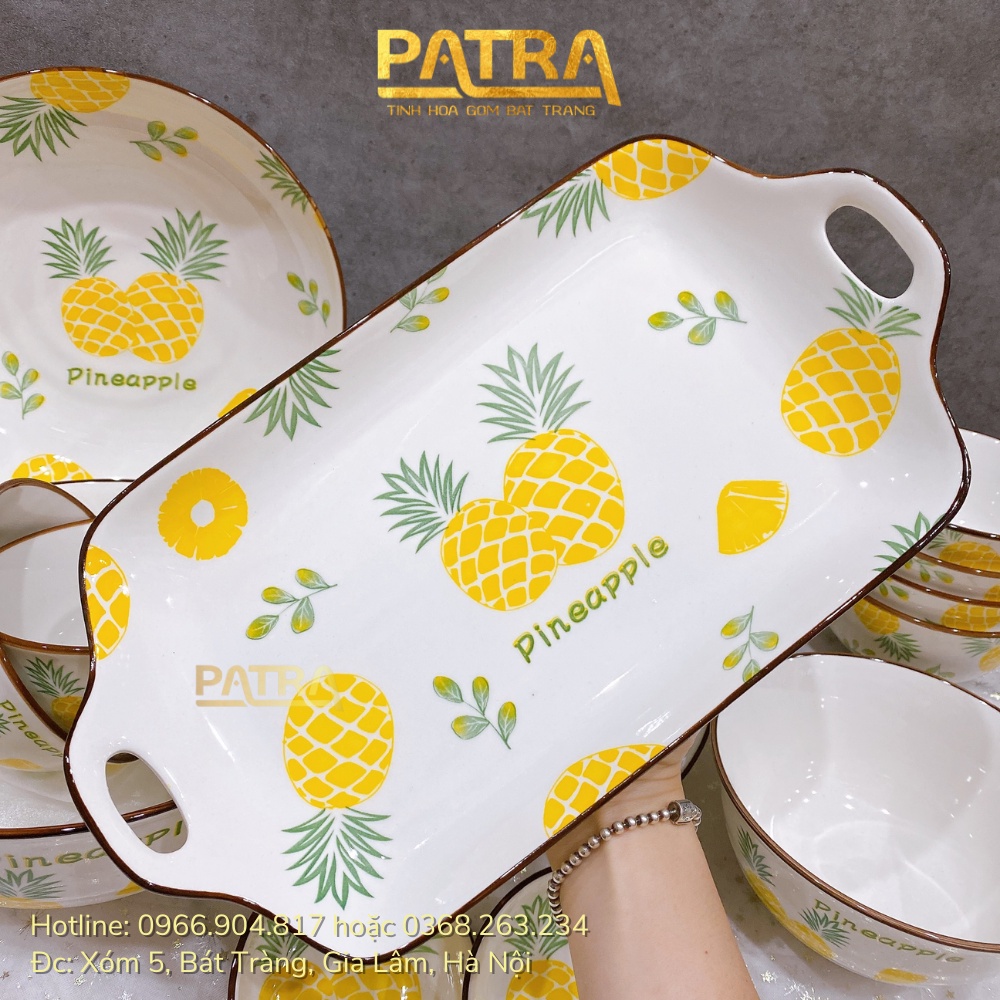 Bộ bát đĩa sứ cao cấp, bộ chén dĩa decor đẹp họa tiết dứa viền nâu siêu xinh