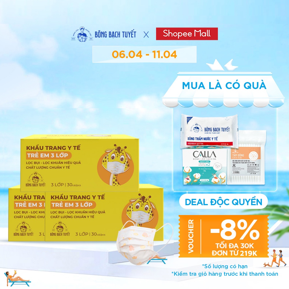 Combo 3 Hộp Khẩu trang Bông Bạch Tuyết Trẻ Em 3 lớp cho bé 6 -11 tuổi (30 cái/ hộp)