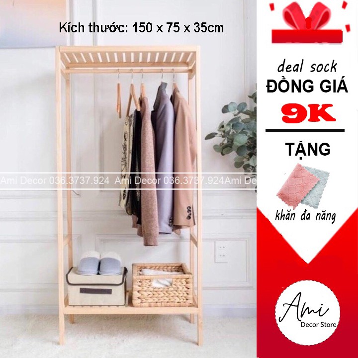 Tủ, kệ treo quần áo 1 buồng  Hàn Quốc - decor trang trí shop thời tra phòng ngủ - tủ gỗ thông tự nhiên 150 x 75 x 35 cm