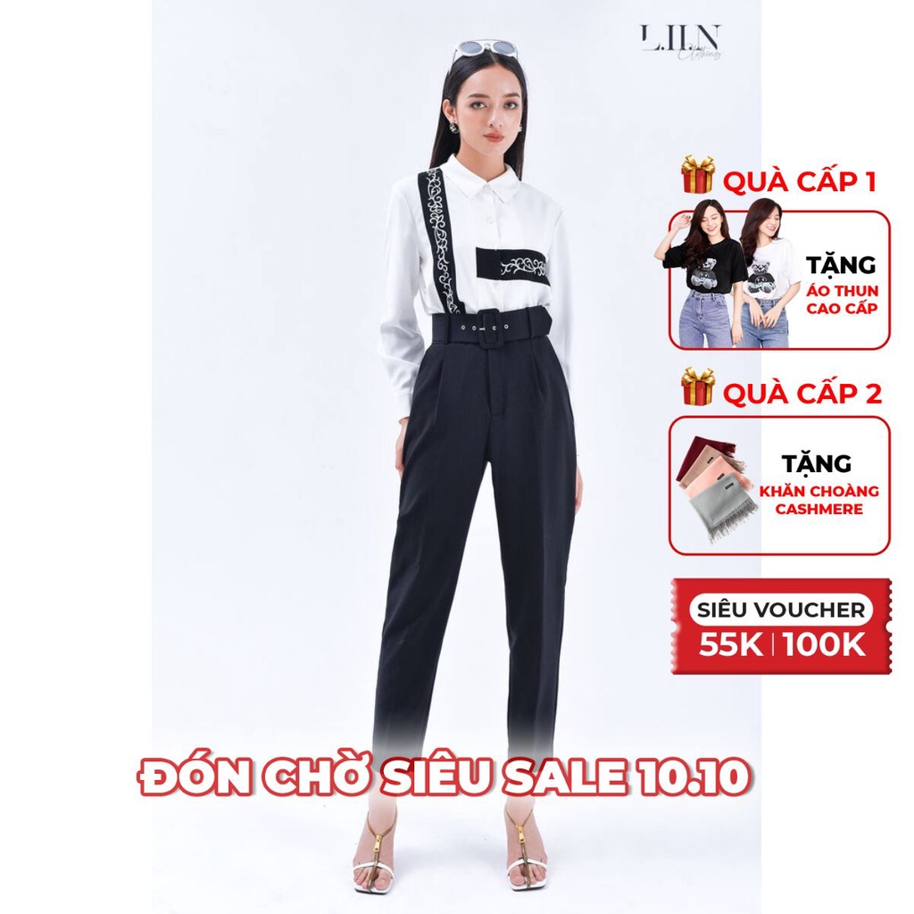 Quần baggy nữ Linbi màu đen kèm đai kiểu dáng thanh lịch, sang trọng Q3197