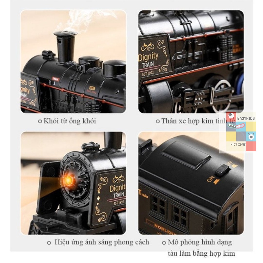 Đồ chơi tàu hỏa, mô hình tàu hoả cổ điển EASYKIDS chạy trên đường ray, nhả hơi nước, có đèn và âm thanh