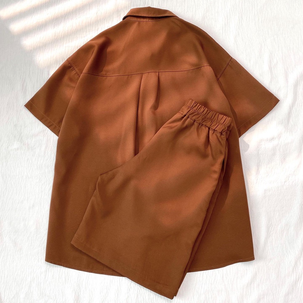 Set Đồ Bộ Nữ GA Form Rộng Áo Sơ Mi Tay Ngắn Và Quần Short Ống Rộng Lưng Cao Màu Sắc Vintage Phong Cách Ulzzang
