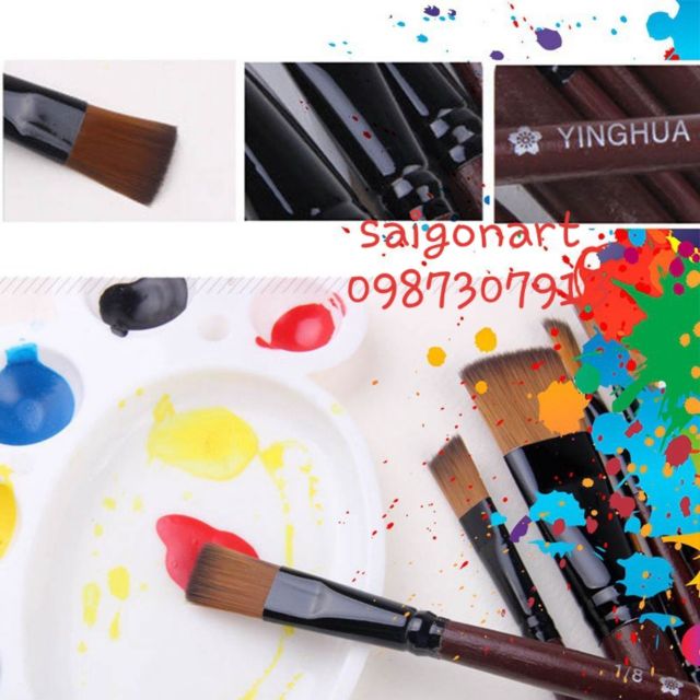 Bộ 6 Cọ Vẽ Thủ Công Mỹ Thuật Màu Nước, Acrylic Cán Nâu Đầu Bằng 820