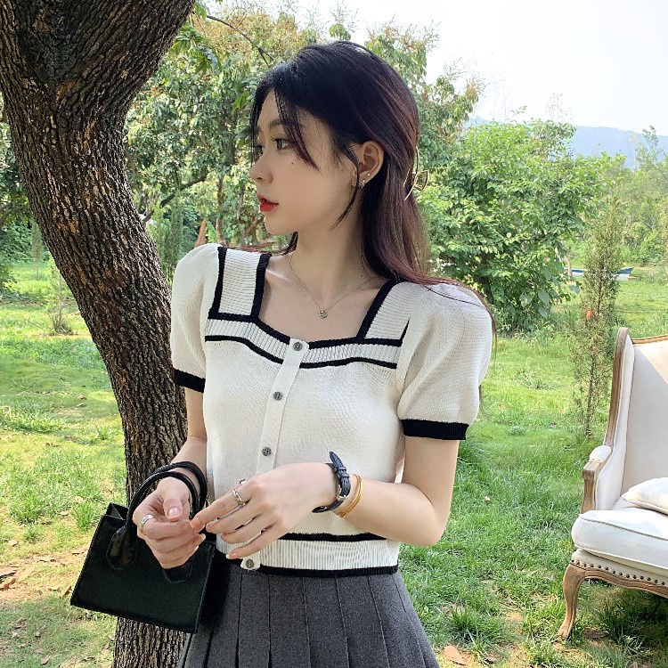 【ZHELIHANGFEI】 / Áo Thun Dệt Kim Tay Ngắn Cổ Vuông Phong Cách Pháp Thời Trang Mùa Hè Cho Nữ