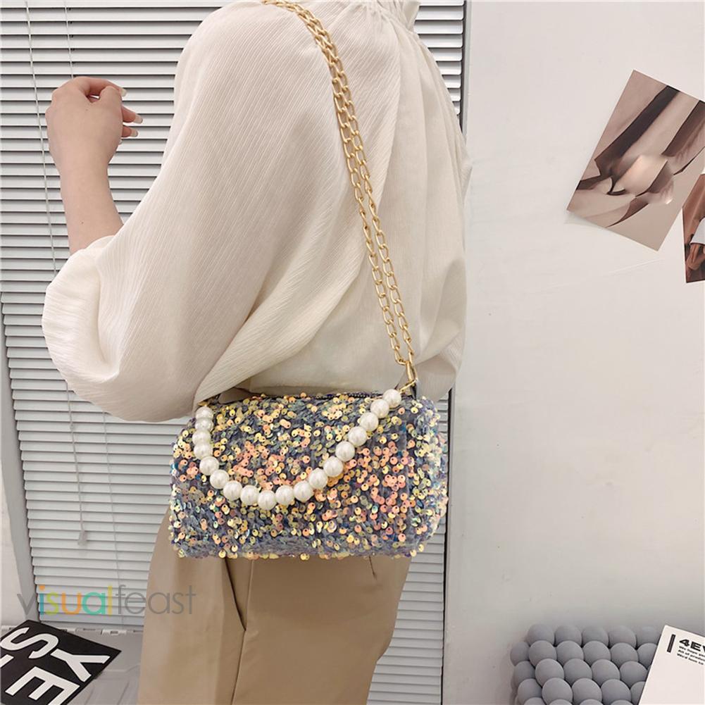 ❤Túi Xách Đeo Vai Hình Trụ Đính Kim Sa Ngọc Trai Phối Dây Xích Thời Trang Cho Nữ