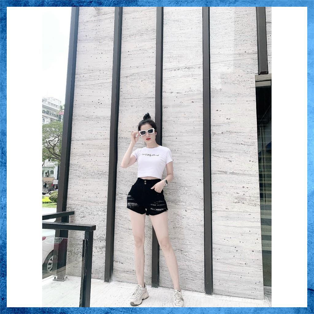 [Shorts jeans nữ thiết kế] Quần sooc bò rách, quần shorts jeans lưng cao phối chữ. Mã S7105