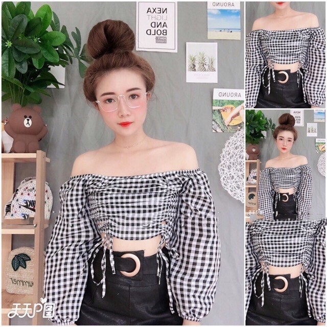 Áo bẹt vai caro dây rút N0410