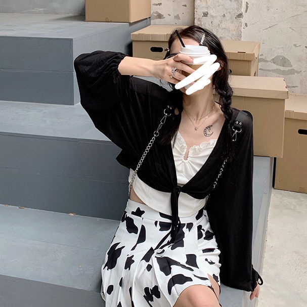 Áo Khoác cardigan Dệt Kim Tay Dài Màu Đen Chống Nắng Thời Trang Mùa Hè Cho Nữ