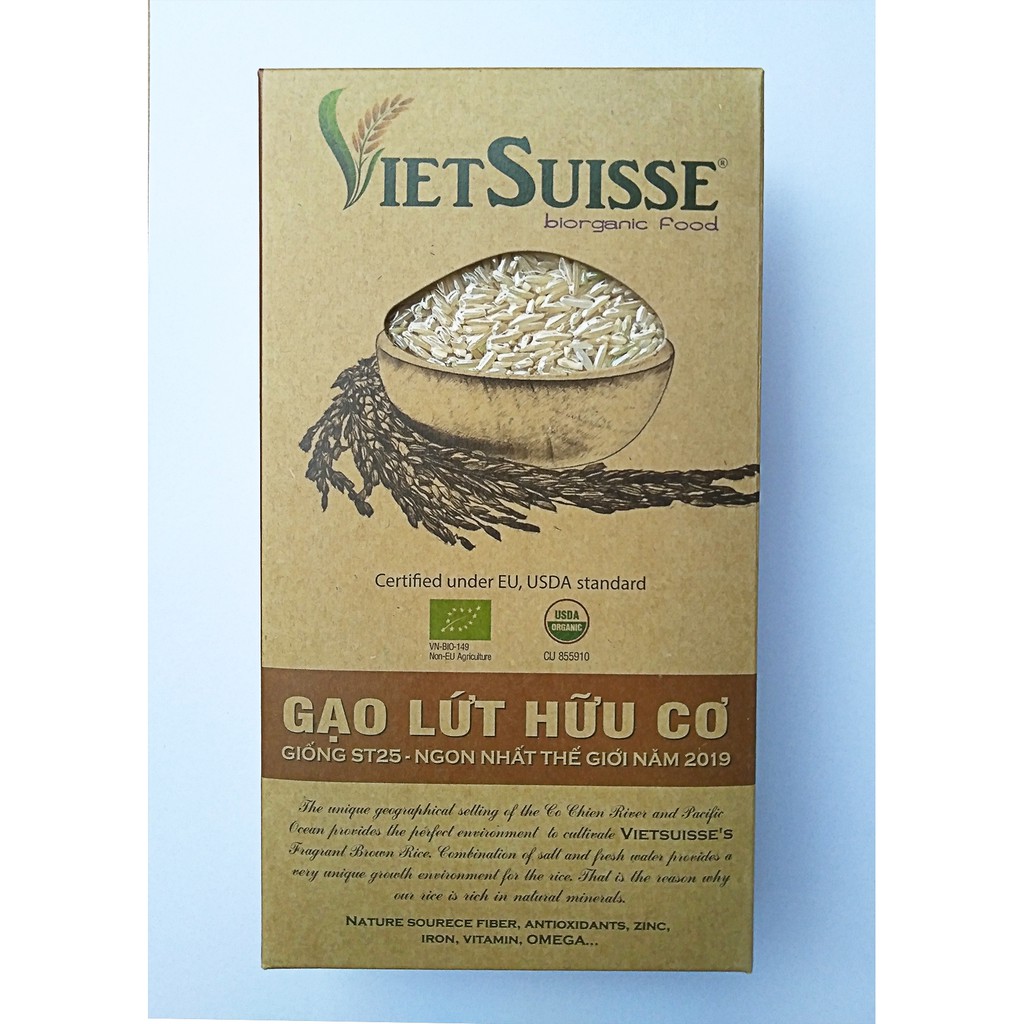 [ORGANIC] Gạo Lứt Hữu Cơ ST25 ( Lứt Nâu) Hộp 1kg - Vietsuisse biorganic food- Gạo lứt giảm cân, ăn kiêng - Cơm ngon mềm